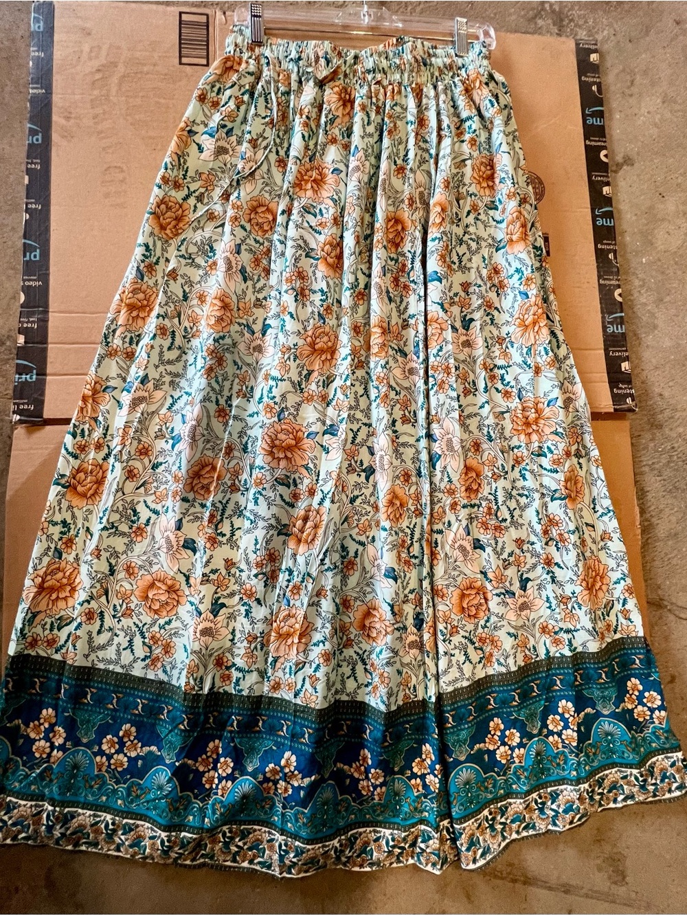 Floral Bohemian Maxi Skirt in Teal and Ivory